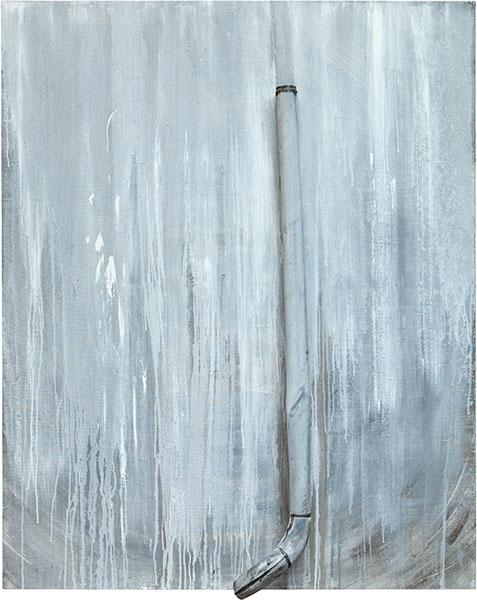 Karina Waschko, Gouttières et boîtes 1, 2006, 162 x 130 cm, acrylique et gouttière sur toile