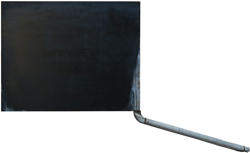 Karina Waschko, Gouttières et boîtes 7, 2010, 130 x 162 cm, huile sur toile et gouttière