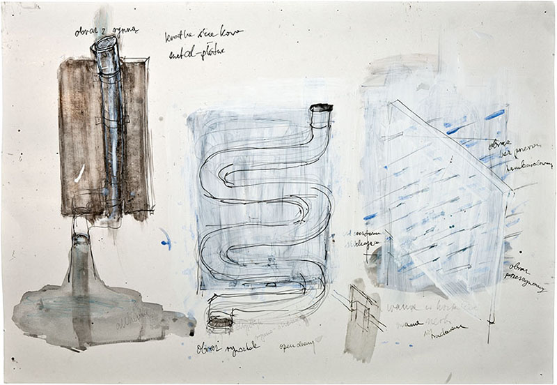 Karina Waschko, Gouttières et boîtes 10, 2006, 49,8 x 71,8 cm, encre et acrylique sur carton