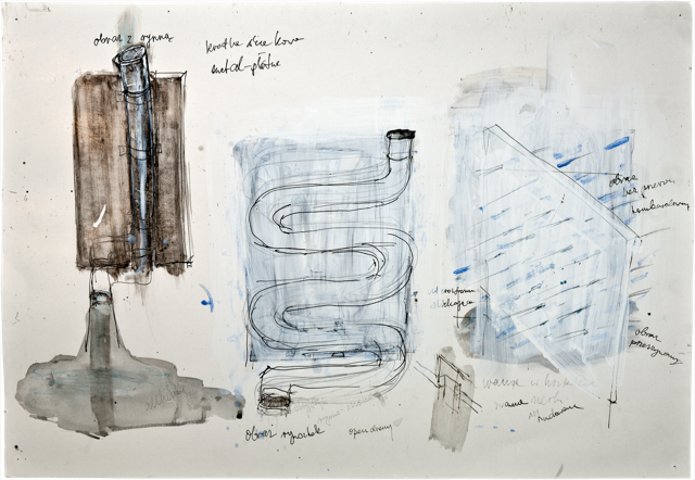 Gouttières et boîtes 10, 2006, 49,8 x 71,8 cm, encre et acrylique sur carton