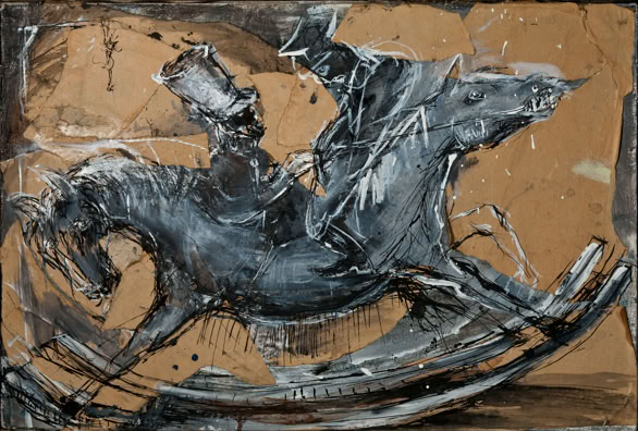Cheval à bascule 2, 1991, acrylique, encre et collage sur toile, 40 x 60 cm